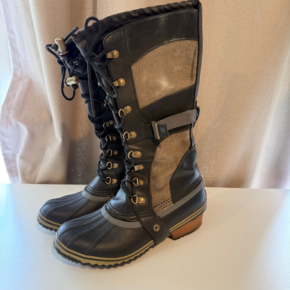Sorel Joan of Arctic Wedge Boots Black Major Leather Waterproof NL1897-270 10
